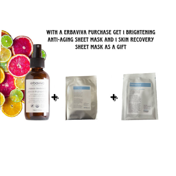 Erbaviva Jasmine & GrapeFruit Organic Deodorant (Best Seller) 110ml 3.5fl oz with Free Facial Masks