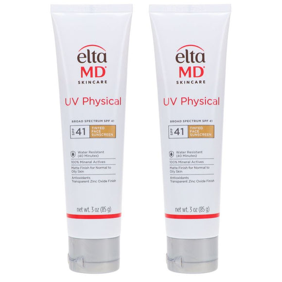 EltaMD UV Physical Tinted Sunscreen for Face, SPF 41 Tinted Sunscreen, 100% Mineral Active Sunscreen, 3.0 oz Tube Pack of 2